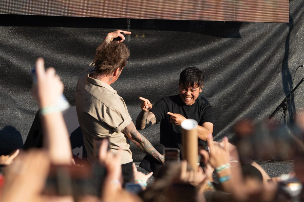 Papa Roach frontman Jacoby Shaddix shares a moment with an American Sign Language interpreter during his set at the T-Mobile Stage at BottleRock May 22, 2026 in Napa, California.