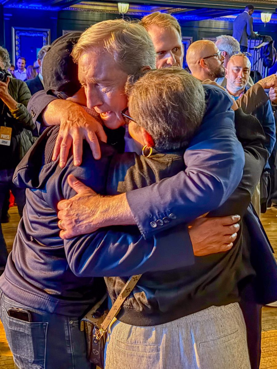 Gubernatorial candidate Tom Steyer embraces fans after his speech at his primary election night watch party at the Regency Ballroom on Tuesday, June 2, 2026 in San Francisco, Calif.