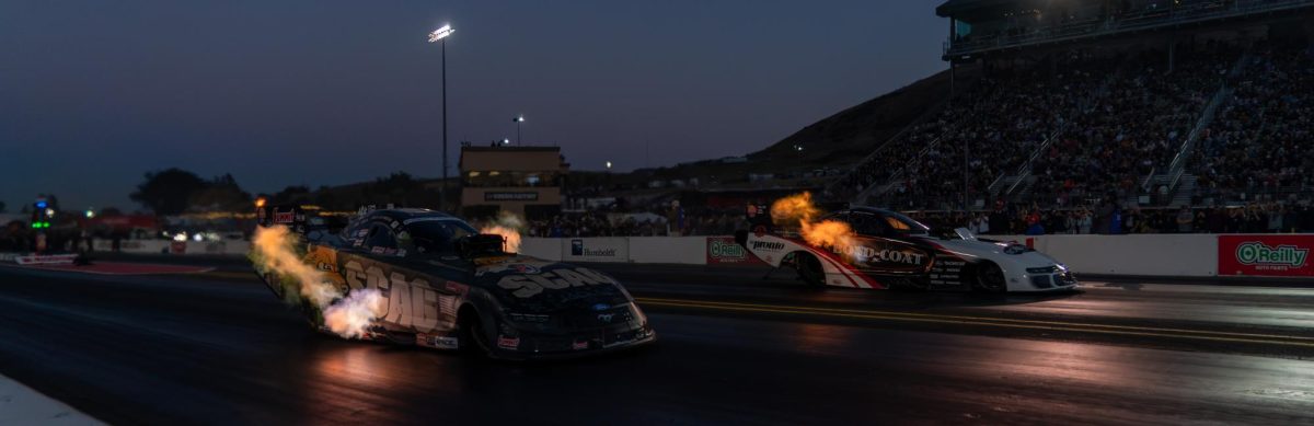 Funny Car driver Daniel Wilkerson, left, races against Hunter Green during the second round of qualifying at the DENSO NHRA Sonoma Nationals on Friday, July 17, 2026 in Sonoma.