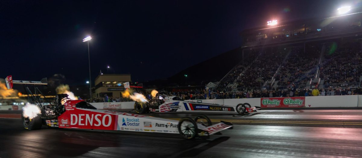 Top Fuel driver Clay Millican, left, races against Tony Schumacher during the second round of qualifying at the DENSO NHRA Sonoma Nationals on Friday, July 17, 2026 in Sonoma. Moments after going down the track, Millican suffered an axle break, resulting in an oil spill on the track and ending Q2 early.