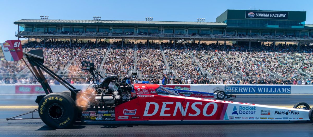 Top Fuel driver Clay Millican, front, races against Antron Brown during the third round of qualifying at the DENSO NHRA Sonoma Nationals on Saturday, July 18, 2026 in Sonoma.