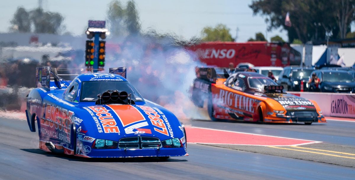 Funny Car Driver Jeff Arend, left, wins against Tim Gibbons during round three of qualifiers at the DENSO NHRA Sonoma Nationals on Saturday, July 18, 2026 in Sonoma.