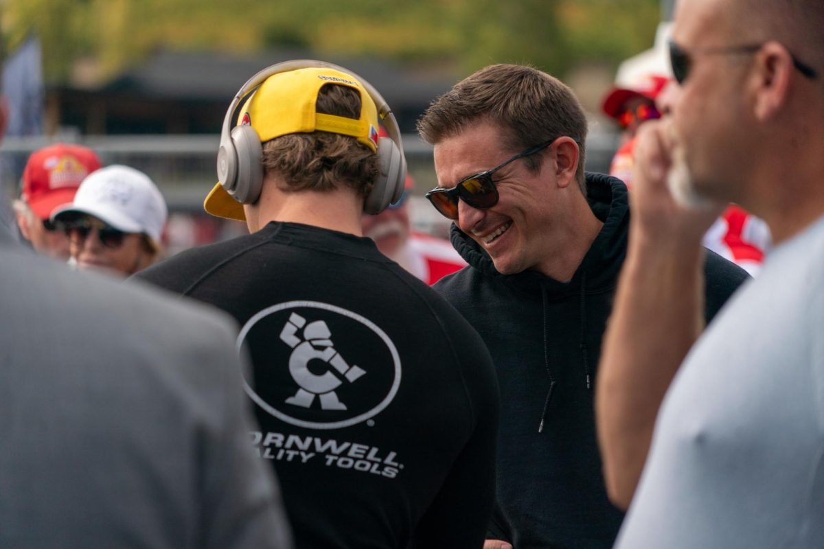 Pro Stock driver Aaron Stanfield, right, chats with Funny Car driver Jordan Vandergriff during pre-race ceremonies at the DENSO NHRA Sonoma Nationals on Sunday, July 19, 2026 in Sonoma.