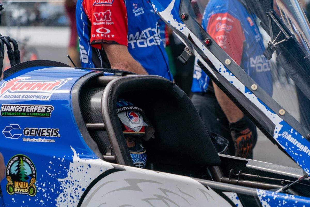 Top Fuel driver Antron Brown awaits his turn before his run during round one of the DENSO NHRA Sonoma Nationals on Sunday, July 19, 2026 in Sonoma.