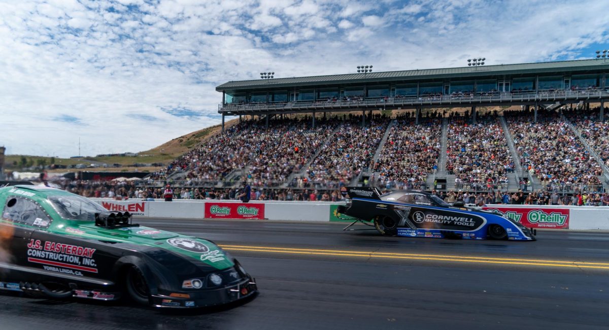 Funny Car driver Jordan Vandergriff, right, beats out Jason Rupert in the first round of eliminations at the DENSO NHRA Sonoma Nationals on Sunday, July 19, 2026 in Sonoma.
