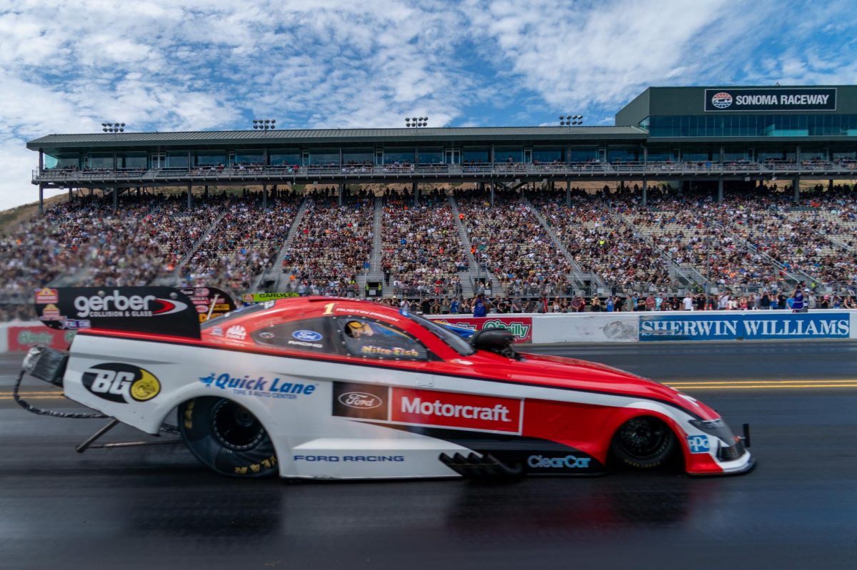 Funny Car driver Austin Prock, front, knocks out Ron Capps in the first round of eliminations at the DENSO NHRA Sonoma Nationals on Sunday, July 19, 2026 in Sonoma.