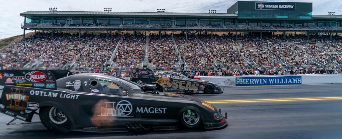 Funny Car driver Spencer Hyde, front, is defeated by Daniel Wilkerson during the second round of eliminations at the DENSO NHRA Sonoma Nationals on Sunday, July 19, 2026 in Sonoma.