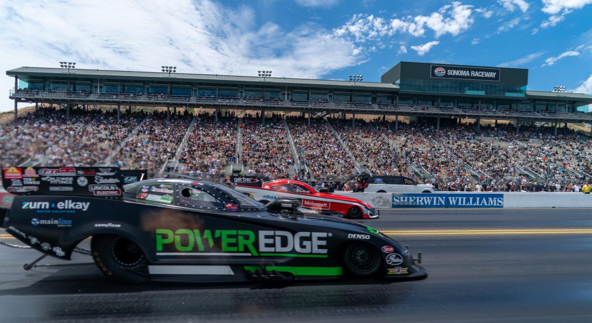 Funny Car driver Paul Lee, front, is defeated by Austin Prock in round two of eliminations at the DENSO NHRA Sonoma Nationals on Sunday, July 19, 2026 in Sonoma.