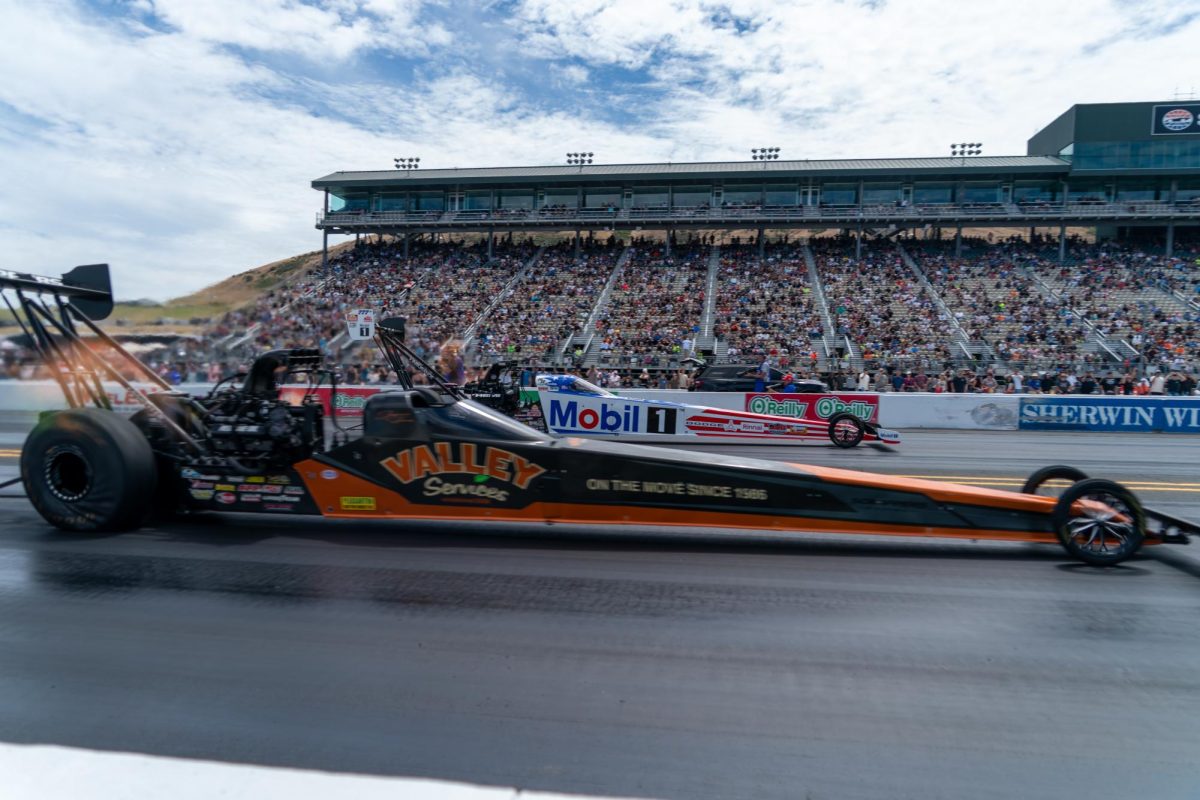Top Fuel driver Jasmine Salinas, front, advances to the finals after beating Leah Pruett in the third round of eliminations at the DENSO NHRA Sonoma Nationals on Sunday, July 19, 2026 in Sonoma.