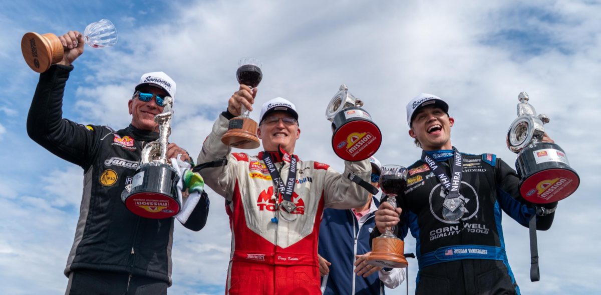 (Left to right) Pro Stock driver Greg Stanfield, Top Fuel driver Doug Kalitta and Funny Car driver Jordan Vandergriff win Wally trophies in their racing categories at the DENSO NHRA Sonoma Nationals on Sunday, July 19, 2026 in Sonoma.