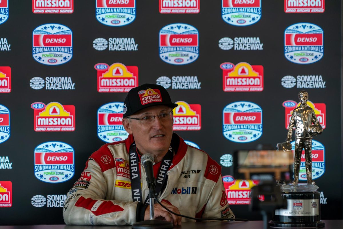 Top Fuel driver Doug Kalitta chats with the media after his victory at the DENSO NHRA Sonoma Nationals on Sunday, July 19, 2026 in Sonoma.