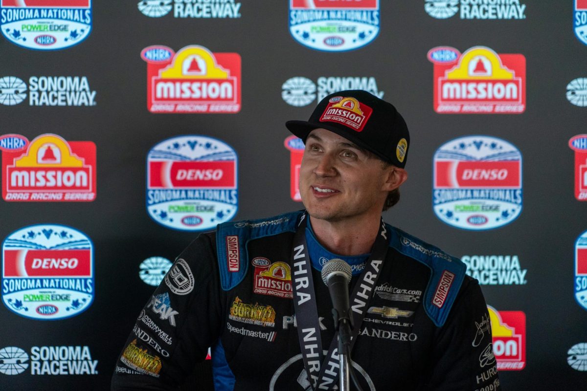 Funny Car driver Jordan Vandergriff chats with the media after his victory at the DENSO NHRA Sonoma Nationals on Sunday, July 19, 2026 in Sonoma.