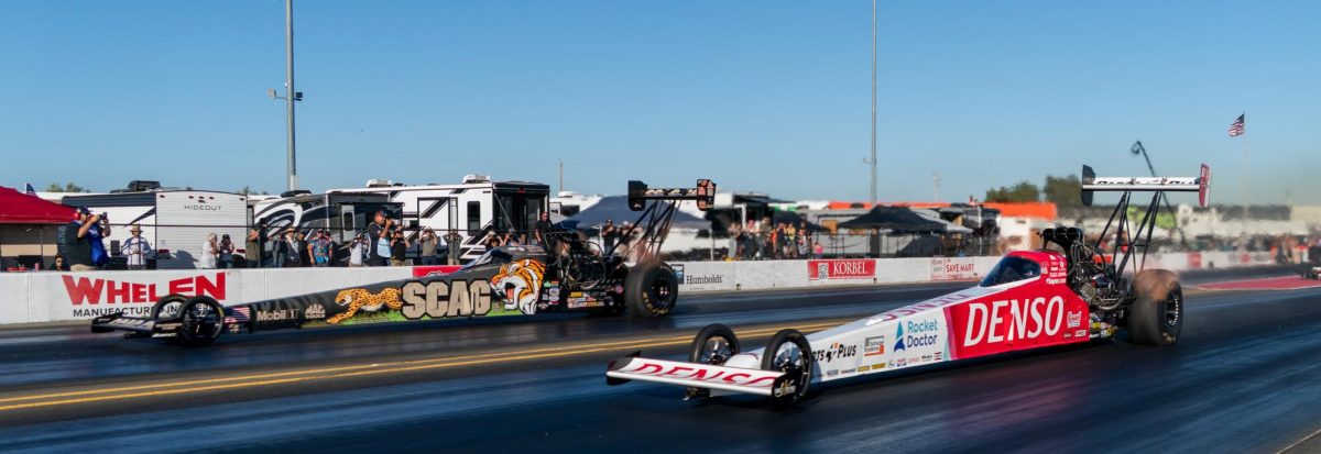 Top Fuel driver Justin Ashley, left, wins against Clay Millican during Q1 of the DENSO NHRA Sonoma Nationals on Friday, July 17, 2026 in Sonoma.
